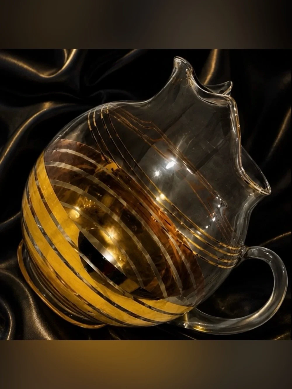 Antique Fine Art Clear Glass REAL 22k GOLD Original Vintage PITCHER Striped Deco